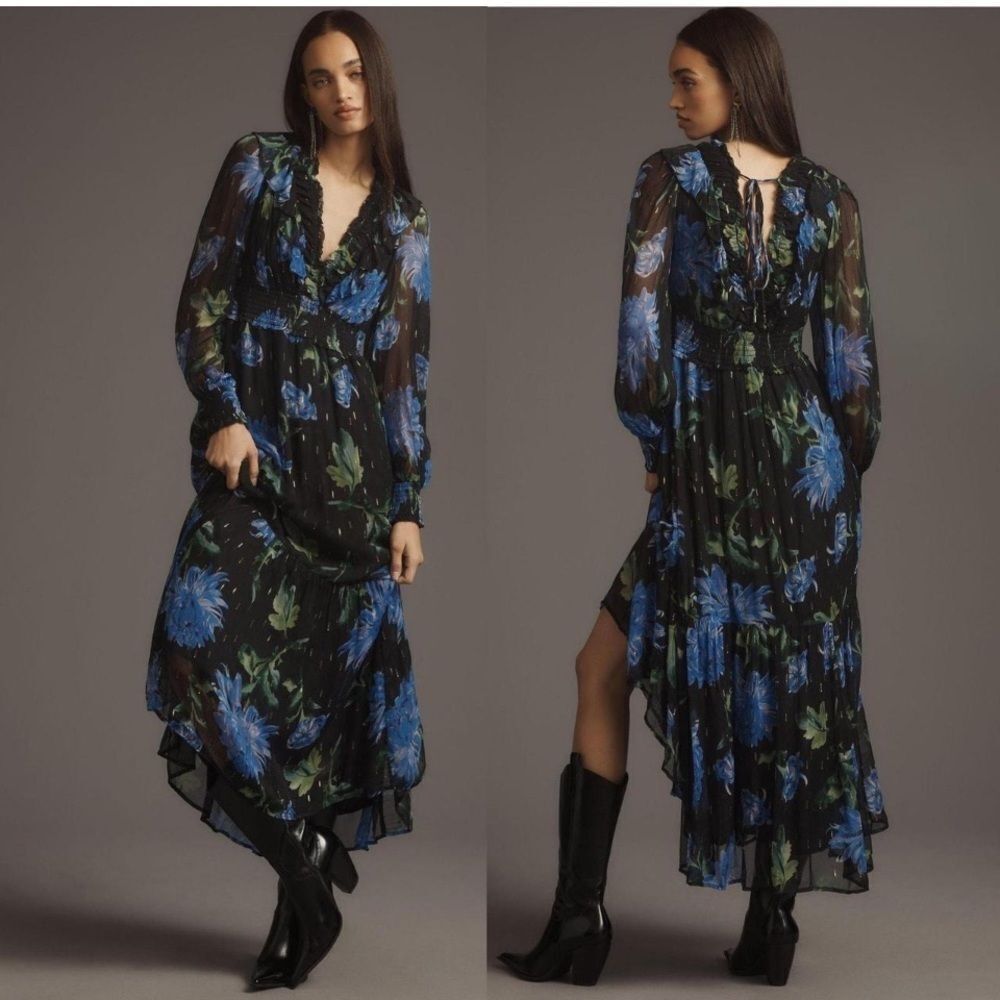 By Anthropologie size M The Odetta Ruffled V-Neck Midi Dress